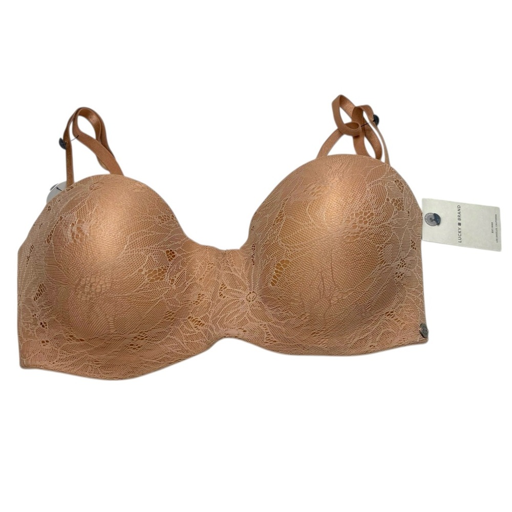 NWT Lucky Brand Women’s Lace Seamless Strapless Beige Bra Tan Push Up Padded 34C
